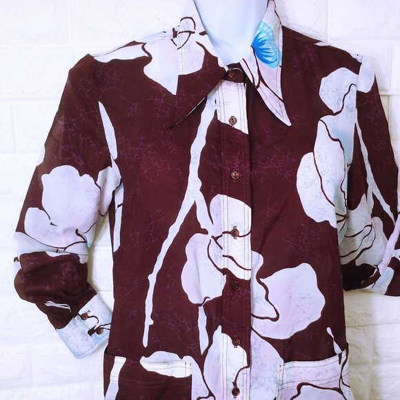 Vintage 70s Loubella Semi-Sheer Shirt Shacket -M Pockets Vents Tropical Floral - Picture 2 of 10